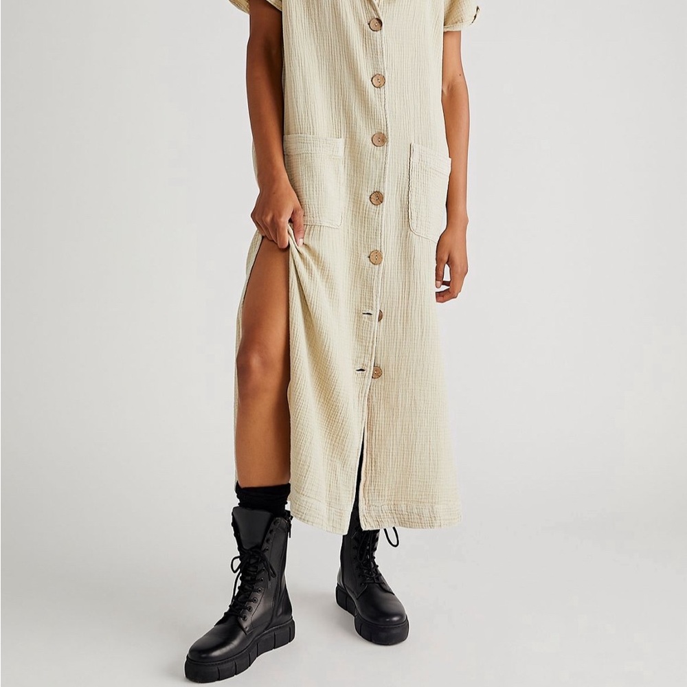 Beige Button-Down Midi Dress with Pockets